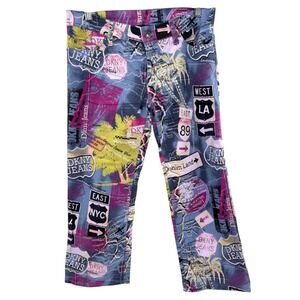 DKNY‎ Jeans Y2K Map Print Pants Women 7 Low Rise Cropped Flare 2000s Streetwear